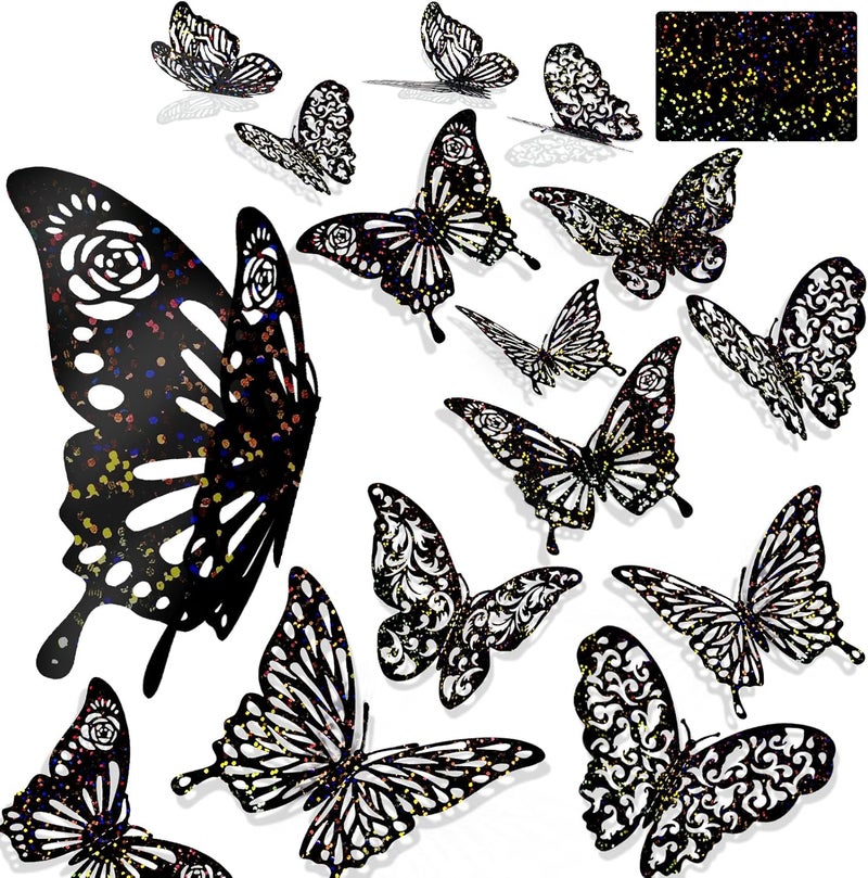 DELEMI 60 Pcs 3D Black Butterfly Halloween Wall Decor, 5 Styles 3 Sizes,Butterfly Cake Birthday Party Shower Decorations Iridescent,Metallic Room Mural Wall Stickers(Sequined Black) - Image 1